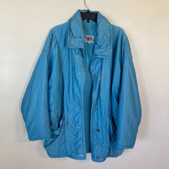 Vintage Pop 84 Teal Blue Oversized Nylon Womens Jacket Size Small 1980s Style - Picture 1 of 10